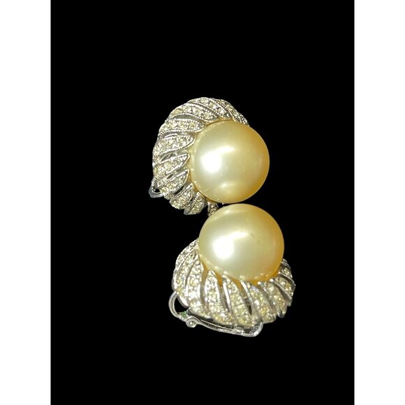 Vintage Kenneth Jay Lane Couture Pearl Rhinestone Silver Tone Clip On Earrings - Picture 4 of 7